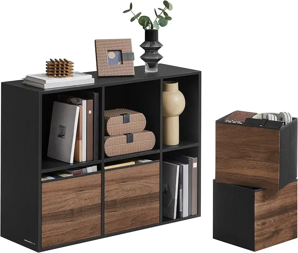 SONGMICS HOME Bookshelf, Superfast Toolless Assembly, Cube Storage Organizer with 6 Compartments, Bookcase, 4 Fabric Drawers, 10.6 x 32.7 x 24.3 Inches, Natural Walnut and Ebony Black ULBC196B01