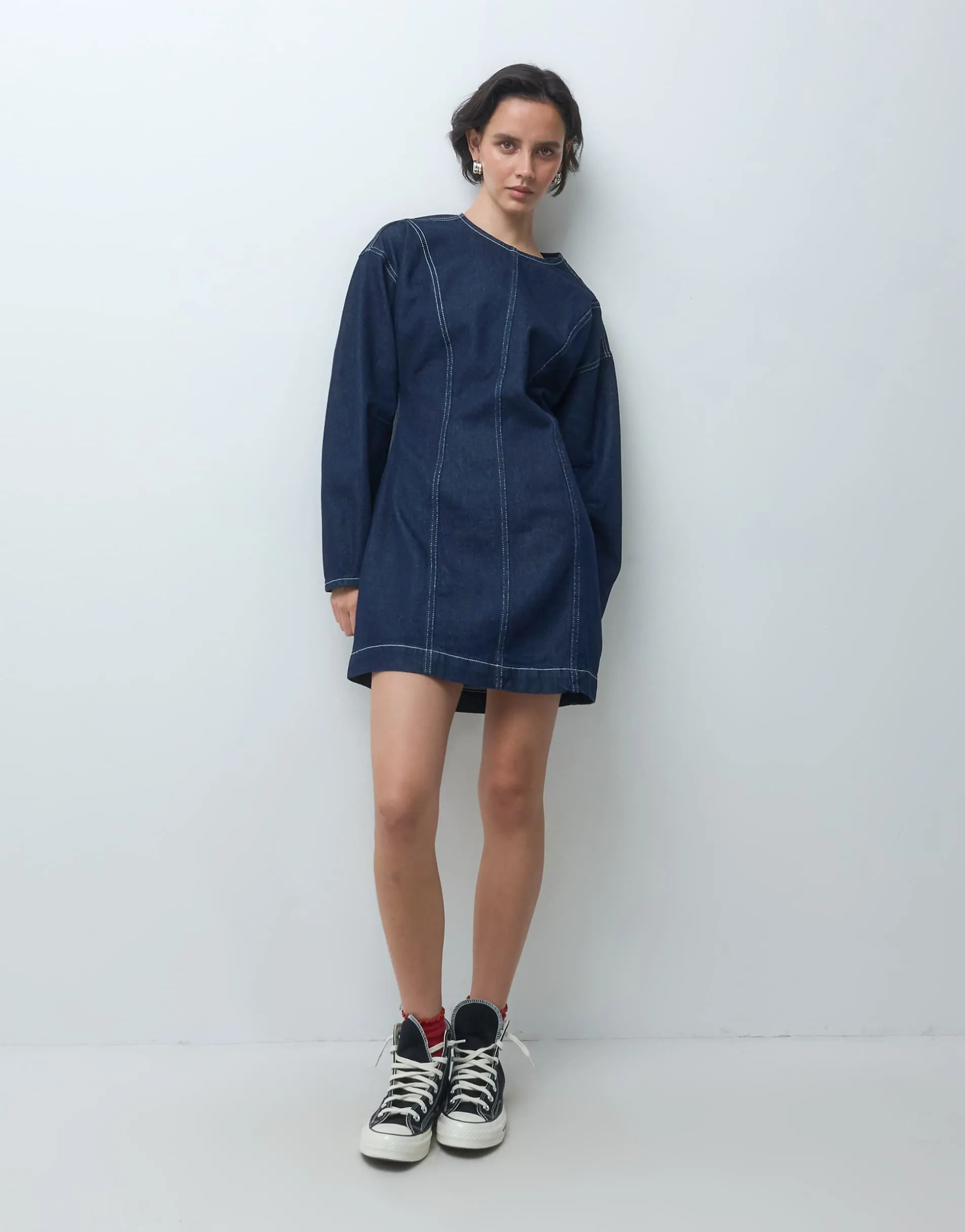 ASOS DESIGN denim seamed long sleeve mini dress in rinse