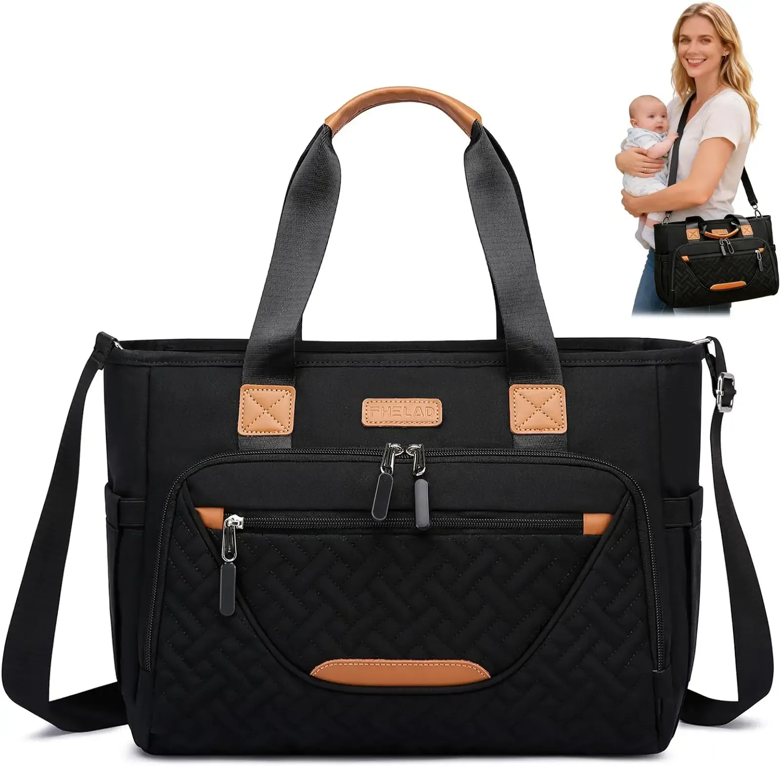 FHELAD Diaper Bag Tote for Women, Baby Diaper Bag 16L (Black) | 5 Insulated Pockets, Stroller Clip, 15.6 Inch Laptop Compartment, Detachable Shoulder Strap