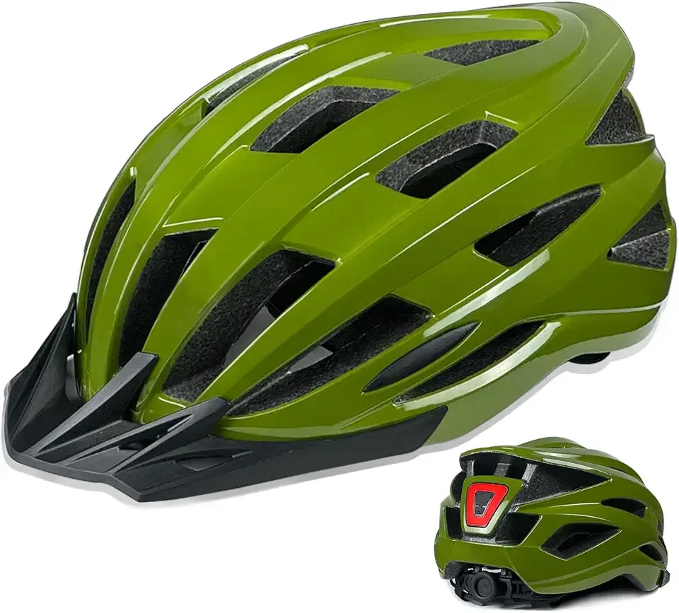 Bike Helmet for Adult Men Women with Multi-Mode Rear LED Light, with Suggested Fit 56-62cm, Lightweight with Adjustable Dial, Side and Chin Strap, Carbon Black Shiny Surface