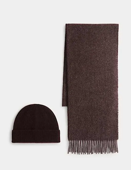 Merino Wool Herringbone Knitted Hat & Scarf Set