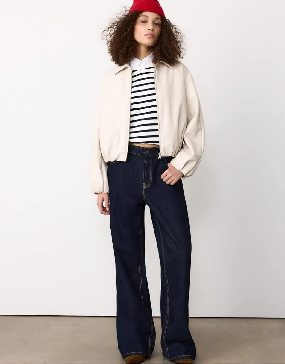 Stradivarius Faux leather quilted bomber jacket in ecru