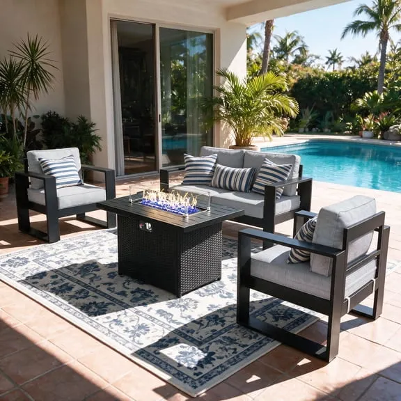 LayinSun 4 Piece Hight Back Aluminum Outdoor Furniture Set with Fire Pit Table, Modern Patio Conversation Sets