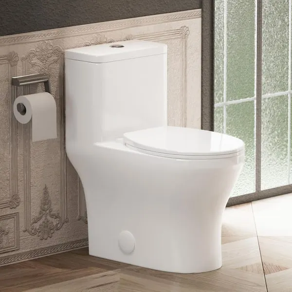 1-​Piece 12 in.​ Rough in 1.​28 GPF Single Flush Compact Round ADA Height Toilet in White Soft-​Close Seat Include