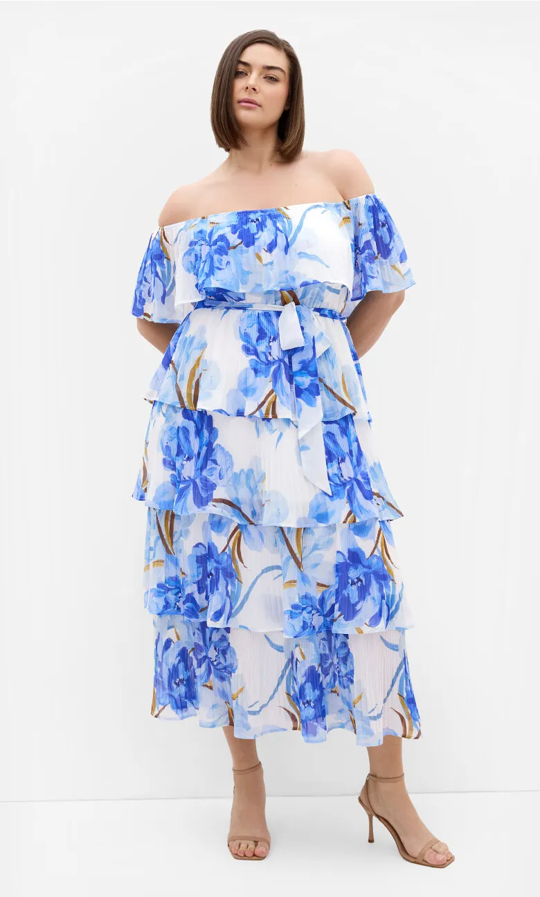 Night Garden Print Tier Midi Dress - white