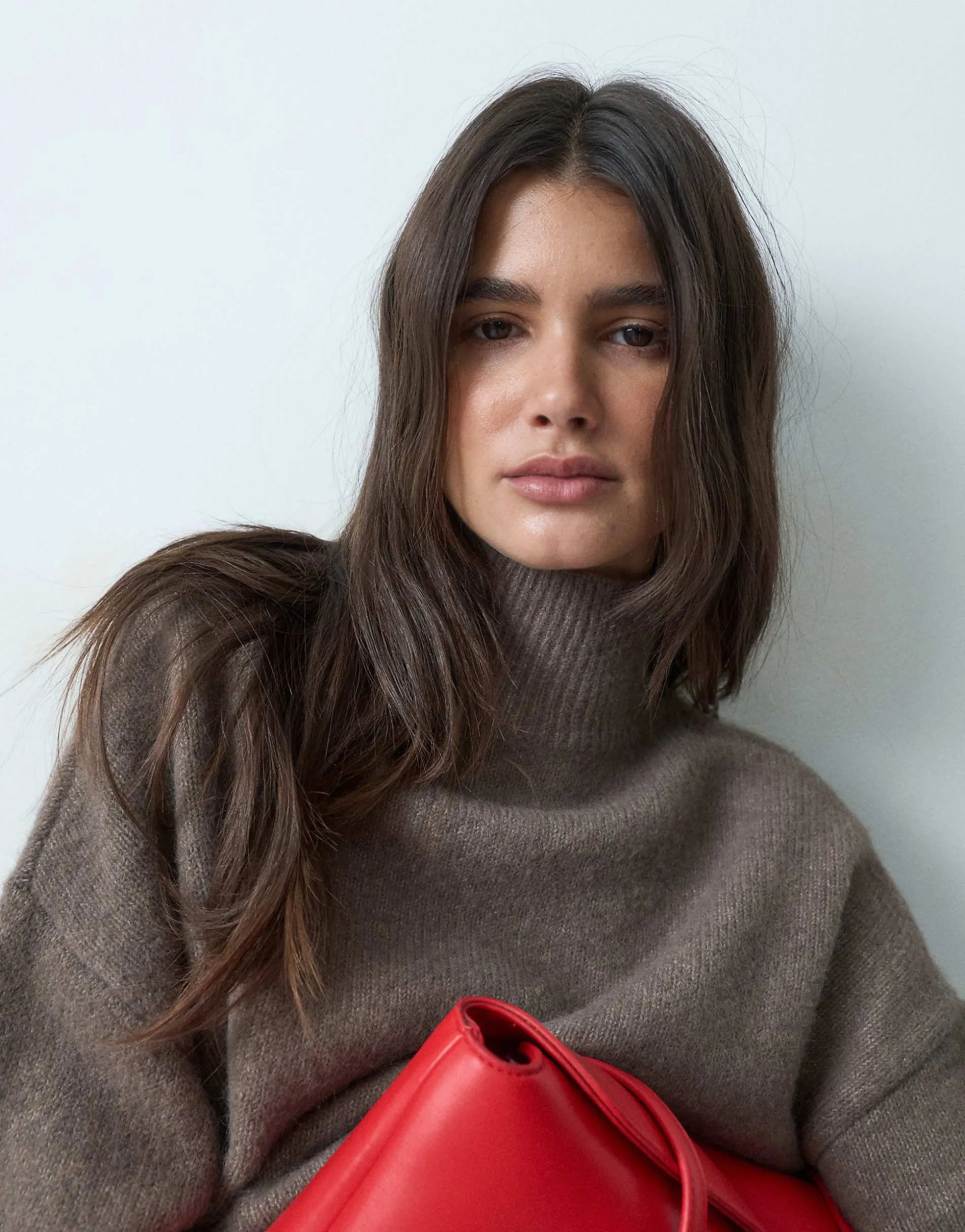 ASOS DESIGN relaxed fluffy funnel neck jumper with wool in mocha