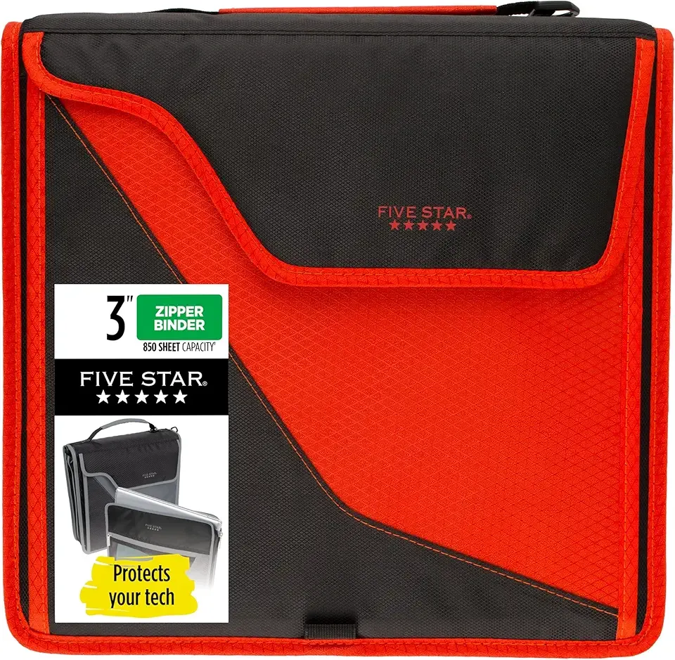 Five Star Zipper Binder, 3 Inch 3-Ring Binder with D Rings, Removable Padded Case, 5-Tab Expanding File and Multi-Use Strap, 850 Sheet Capacity, Red/Black (29296CE8)