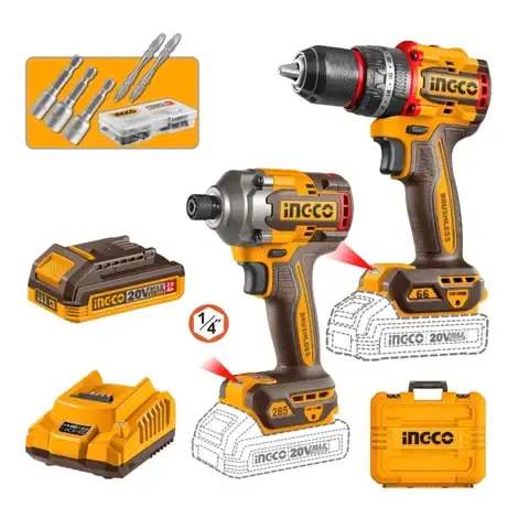 Taladro percutor y Atornillador impacto 20V + 2 Bat y Carg