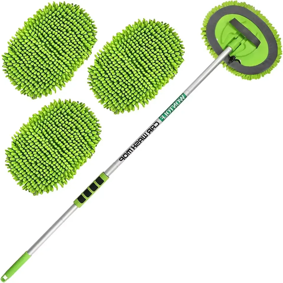 62'' Car Wash Brush with Long Handle Chenille Microfiber Car Wash Mop Mitt Kit Scratch-Free Car Cleaning Brush Care Kits with Replacement Head Supplies for Cars RV Truck Boat