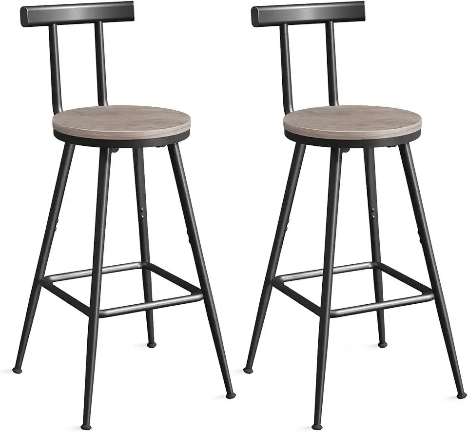 Bar Stools, Set of 2 Bar Chairs with Backrest and Footrest, 26" Tall Counter Stools, Metal Frame, Adjustable Feet, Easy Assembly, for Kitchen, Living Room, Pub, Greige BAHG6001