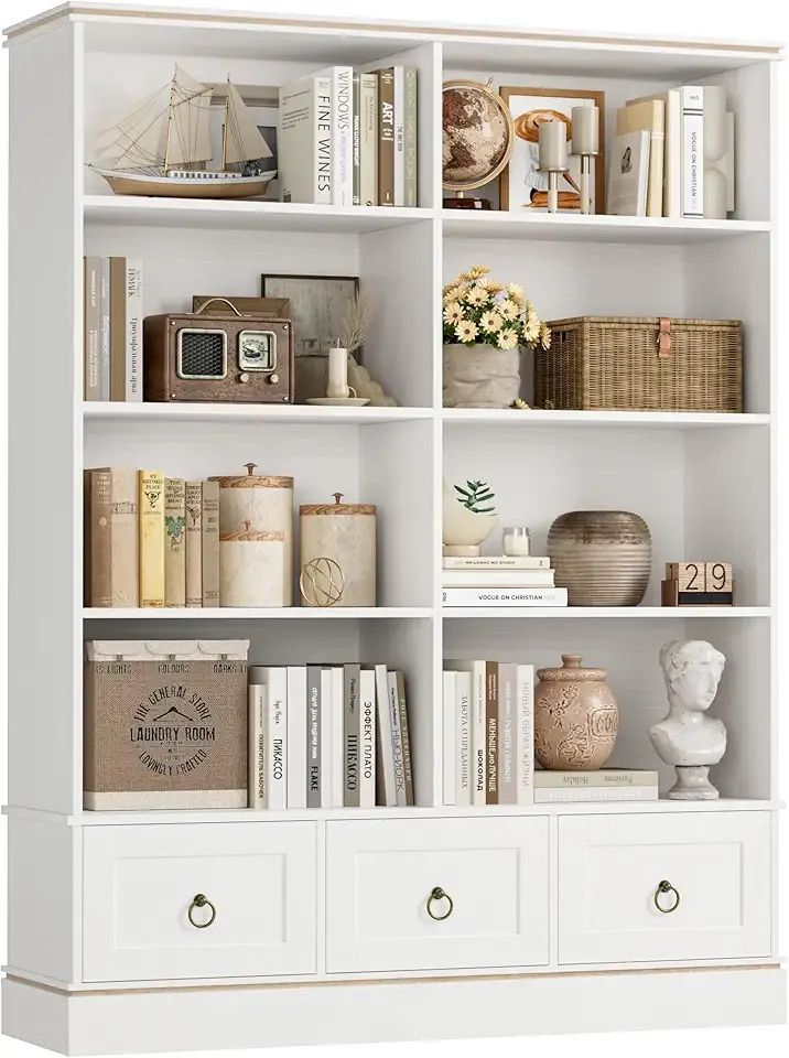 HOSTACK Farmhouse Bookshelf and Bookcase, 47" Wide Bookcase with Drawers, 5 Tier Book Shelves with Storage, Large Display Shelves, 63" Tall Wood Standing Shelving Unit for Home Office, Study, White