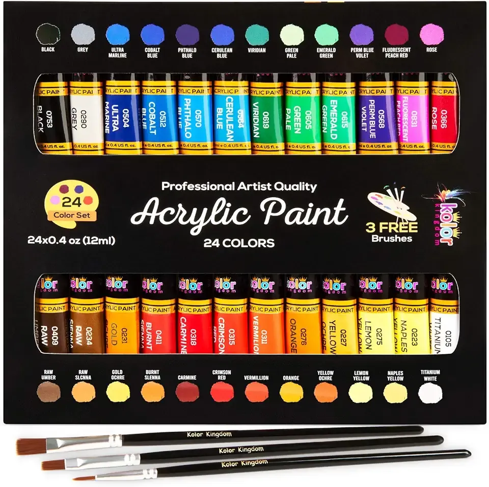 Acrylic Paint Set Canvas Art Paints 24 Colors Perfect Paint Finish (0.41oz,12 ml) With 3 Brushes - Painting Canvas, Paper, Wood, Rock, MDF, Ceramic & Fabric