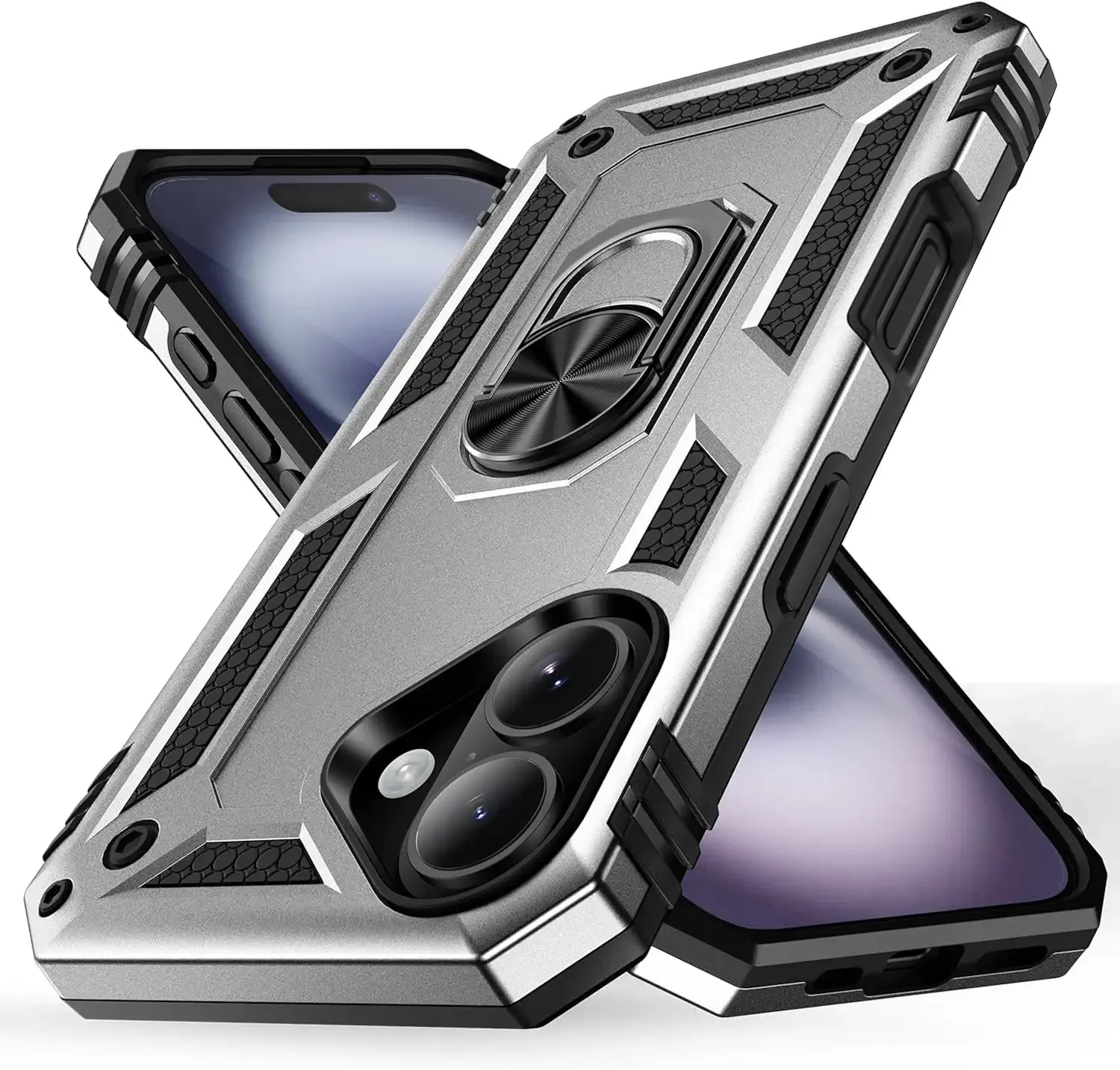 Korecase Silver Case for iPhone 16 with 360° Rotating Metal Ring Holder,[Heavy Duty Shockproof Armor] Military Grade Protective for iPhone16 Phone Case 6.1-inch