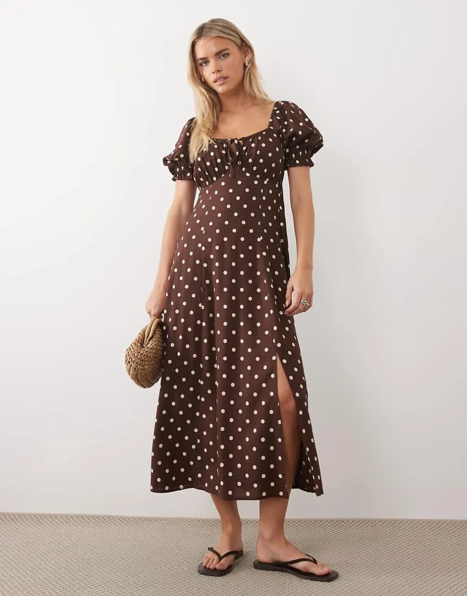Miss Selfridge petite spun puff sleeve maxi dress in choc polka dot