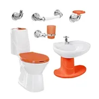 Combo Happy : Sanitario Happy Redondo Naranja De 2 Piezas + Lavamanos Happy Con Semi Pestal Happy + Grifería Balta Cruceta + Accesorios Cromados Happy 4 Piezas Corona