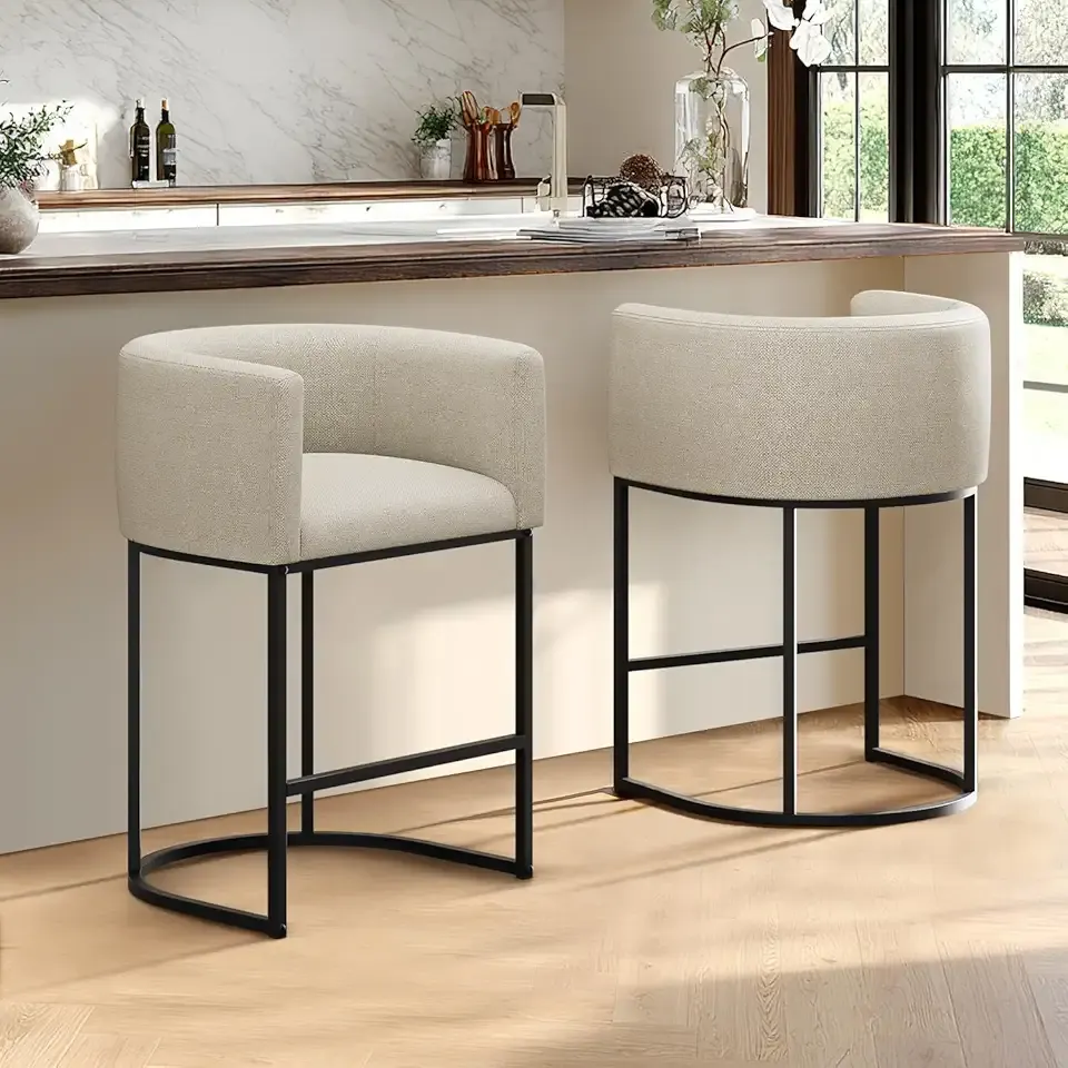 Counter Height Bar Stools Set of 2, 24 Inch Seat Height Barstools for Dining Room, Fabric Upholstered Bar Chair for Kitchen Island, Linen Counter Stools with Metal Legs, Beige