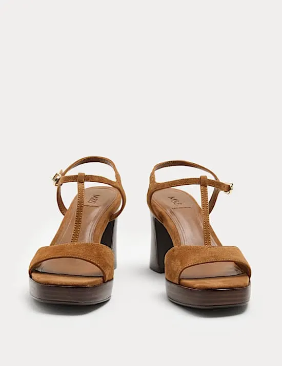 Suede T-Bar Platform Heel Sandals
