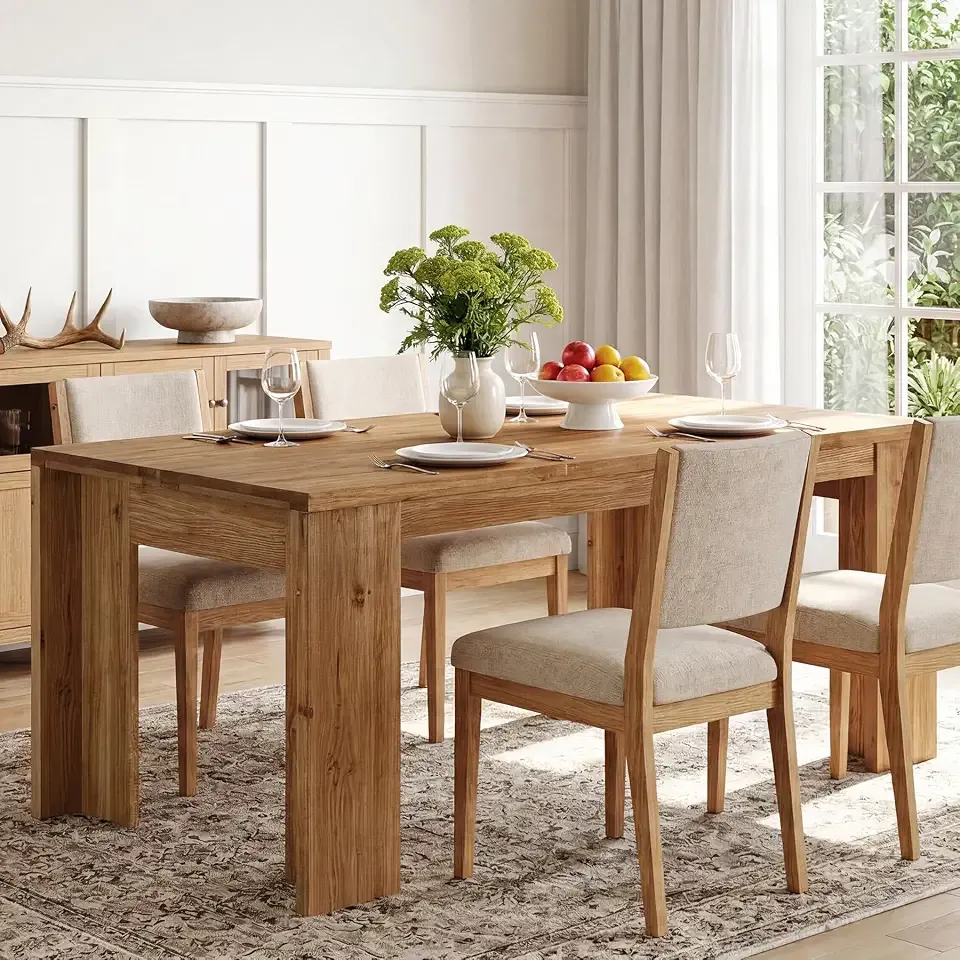 63 Inches Solid Wood Dining Table for 4-6, Farmhouse Rectangular Kitchen Dinner Table with Heavy-Duty Legs for Dining Room, Living Room, Rustic Brown