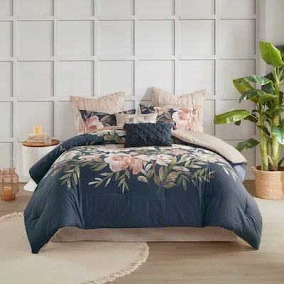 Shabby Chic Floral Printed 8 Navy Comforter Set