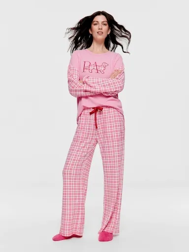 Pink Check Brushed Waffle Wide Leg Pj Pant