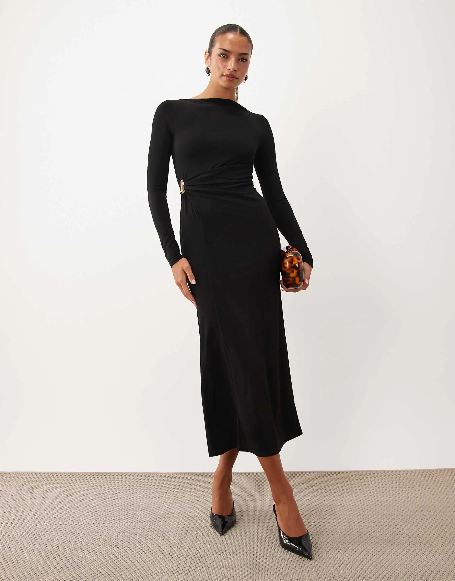 ASOS DESIGN long sleeve twist hardware detail midi dress in black