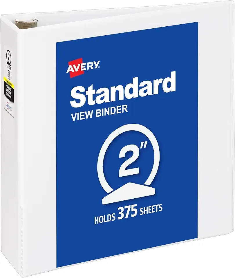 Avery Standard View 3 Ring Binder, 2" Round Rings, 375-Sheet Capacity, 2.8 Inch Wide Spine, 1 White Binder, Ideal for Lightweight Organization and Occasional Referencing (05731)