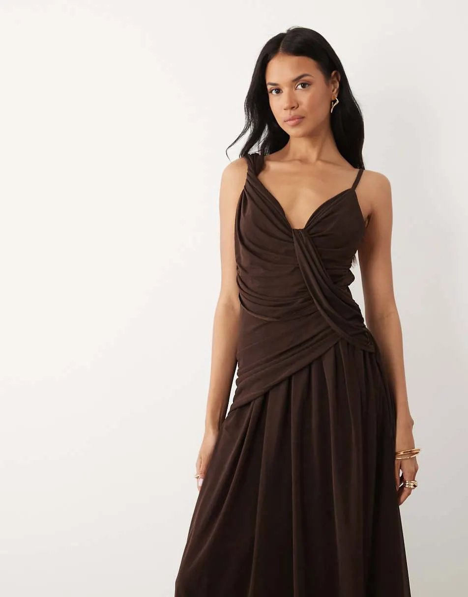 ASOS DESIGN stretch chiffon draped cowl asymmetric maxi dress in brown