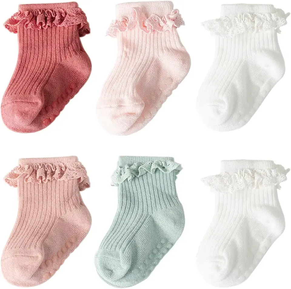 BQUBO Baby Girls Toddler Girls Anti Slip Socks Cute Frilly Ruffle Socks Grip Ankle Baby Socks for Infant Toddler