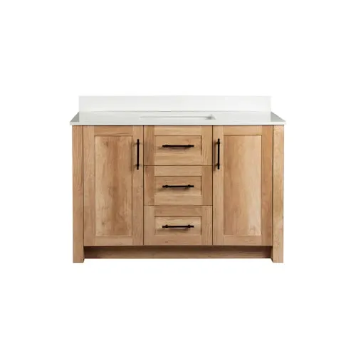 Home Decorators Collection Farley 48 inch Vanity Combo in Natural Wood 2-Doors and 3-Drawers with White Artificial Stone Top