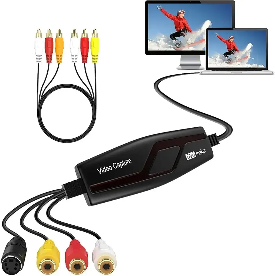 VHS TO Digital Converter, USB Video Capture Card, Video Capture Device, RCA TO USB Converter,Convert VHS VCR Hi8 Mini DV to Digital/DVD,For Tape Player Camcorder Camera PC TV,Windows Mac OS Compatible