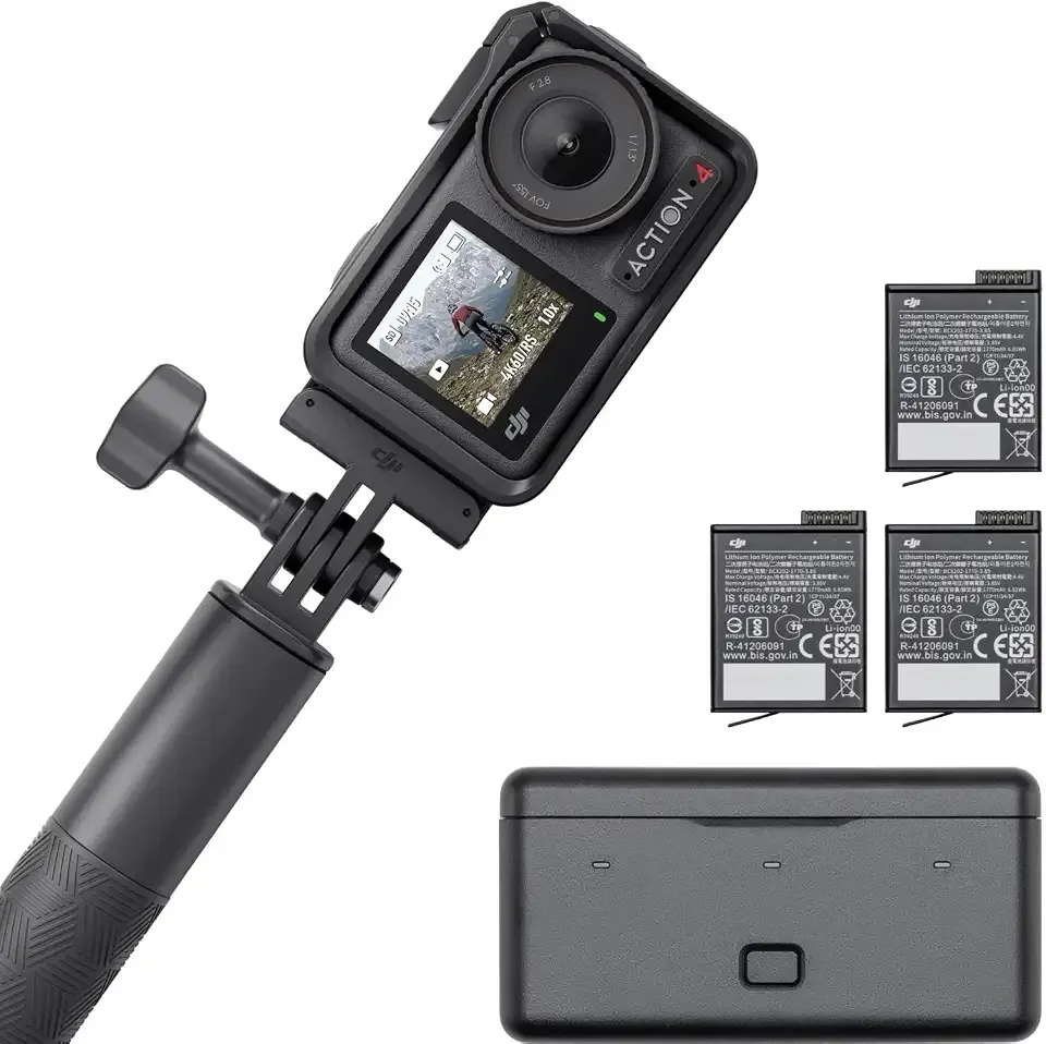 DJI Osmo Action 4 Adventure Combo, Waterproof Action Camera with 1/1.3" Sensor, 4K/120fps Video, Stunning Low-Light, 8h Extended Battery Life with 3 Batteries, 1.5m Extension Rod, Battery Case