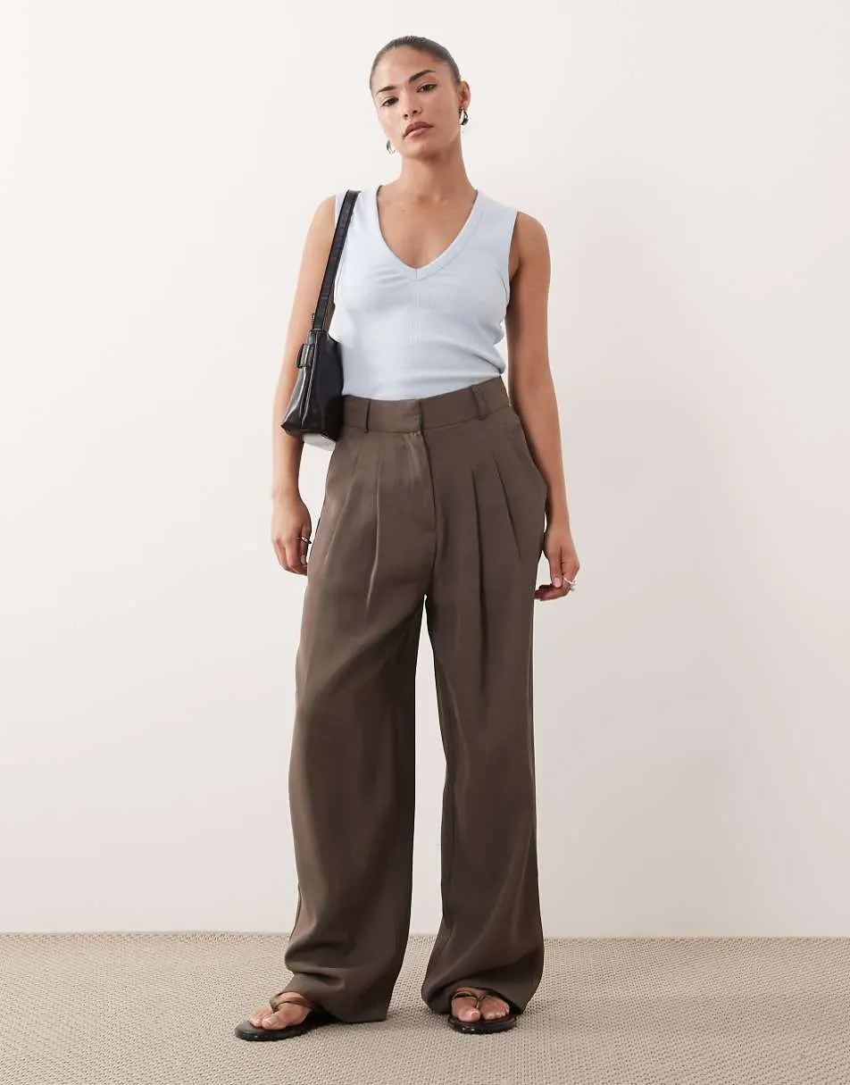 Miss Selfridge Petite tailored wide leg trouser co-ord in mushroom