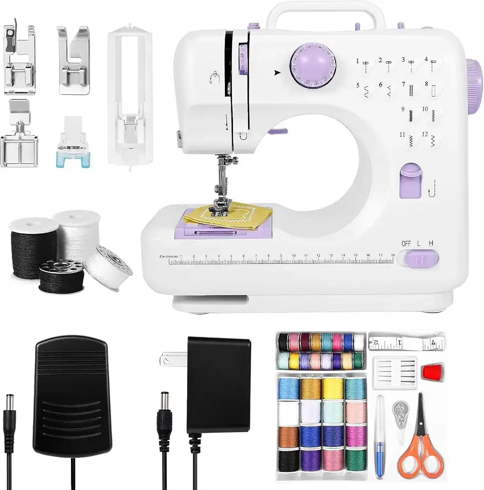 Mini Sewing Machine for Home Use, 12 Stitches, Pre-Threaded with Test Fabric, Factory Tested, with LED Light, Foot Pedal, 2 Speeds and 32-Spool Thread Kit for Beginners, Kids and Adults