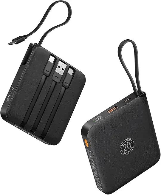 VRURC Portable Charger with Built-in Cables, 10000mAh 22.5W Fast Charging USB C Power Bank with LED Digital Display, Slim Battery Pack for iPhone 17/16/15 & Samsung Galaxy & Android Phones (Black)