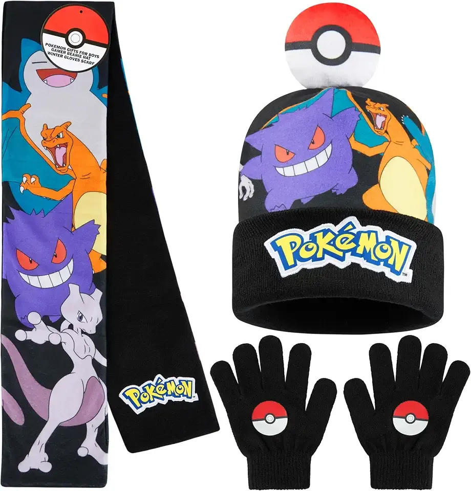 Pokemon Beanie, Scarf and Gloves Set for Boys, Ages 4–12, Winter Hat Knit Accessories with Pokeball Pom, Anime Gifts for Boys