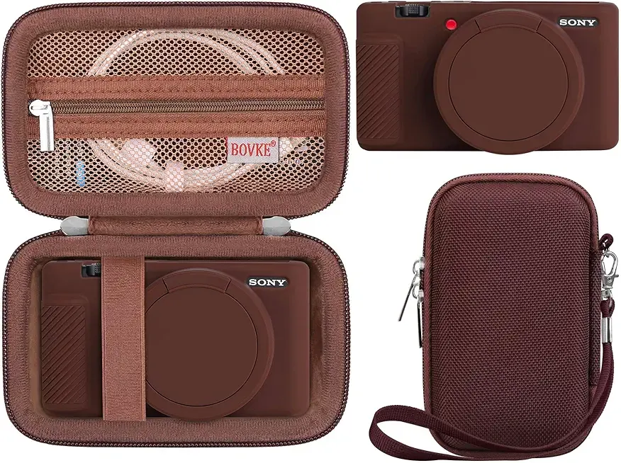 BOVKE 2-in-1 Camera Case for Sony ZV-1 Digital Camera for Content Creator, Silicone Skin Case + Hard Case Carrying Bag Protective Bundle for Sony ZV1 Camera, Brown