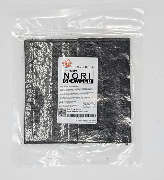 The Coral Ranch - Premium Nori Seaweed - 100 Sheets 4"x8" - Food for Tangs, Angelfish, Rabbitfish & Blennies - No Additives, Reef Aquarium-Grade - Resealable Pack (150 Gra…