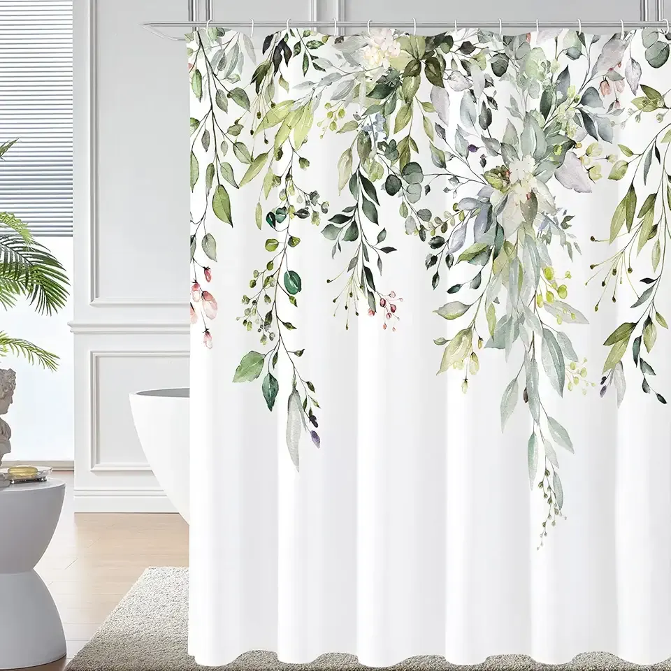 Gibelle Sage Green Eucalyptus Shower Curtain, Watercolor Plant Leaves with Floral Bathroom Decor Waterproof Fabric Shower Curtain Set 72x72 Inch White