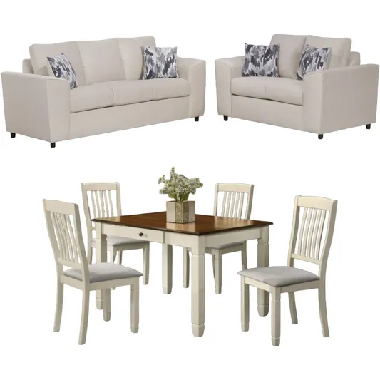 Bundle: Amalfi Sofa and Loveseat Set + Harbor White/walnut 5 PCS Dinning Set