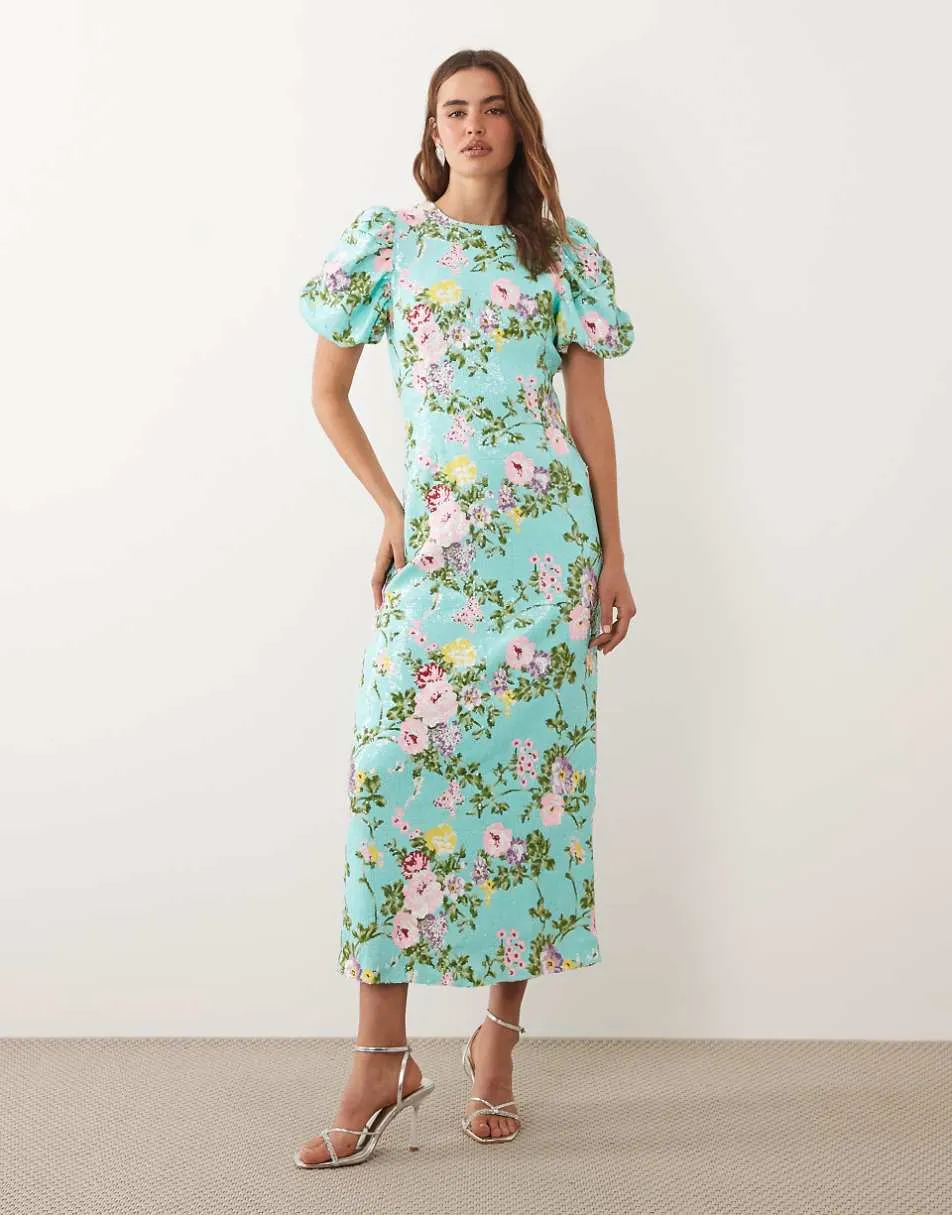Dream Sister Jane Stella sequin embellished puff sleeve round neck maxi dress in turquoise floral