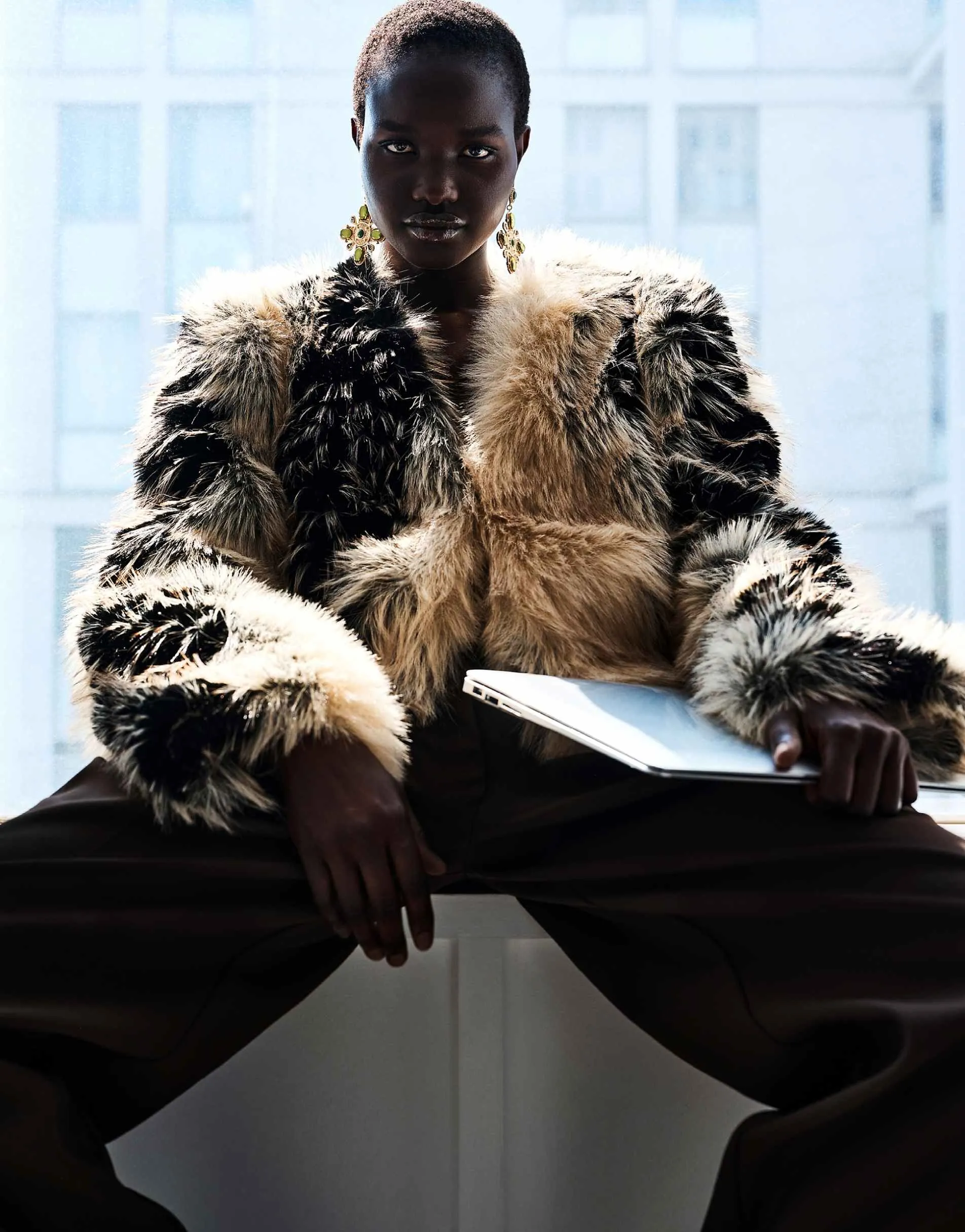 ASOS DESIGN collarless patched faux fur feathered jacket in black and white