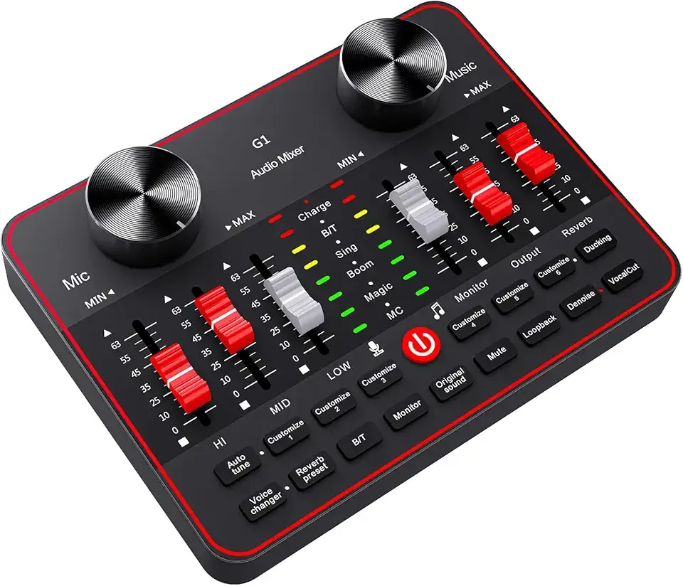 Audio Mixer, Sound Board for Pc/Phone Live Streaming Singing Gaming, Audio Interface for 3.5mm Microphone, Live Sound Card with DJ Mixer Effects & Voice Changer, Denoise, Bluetooth Podcast Mixer
