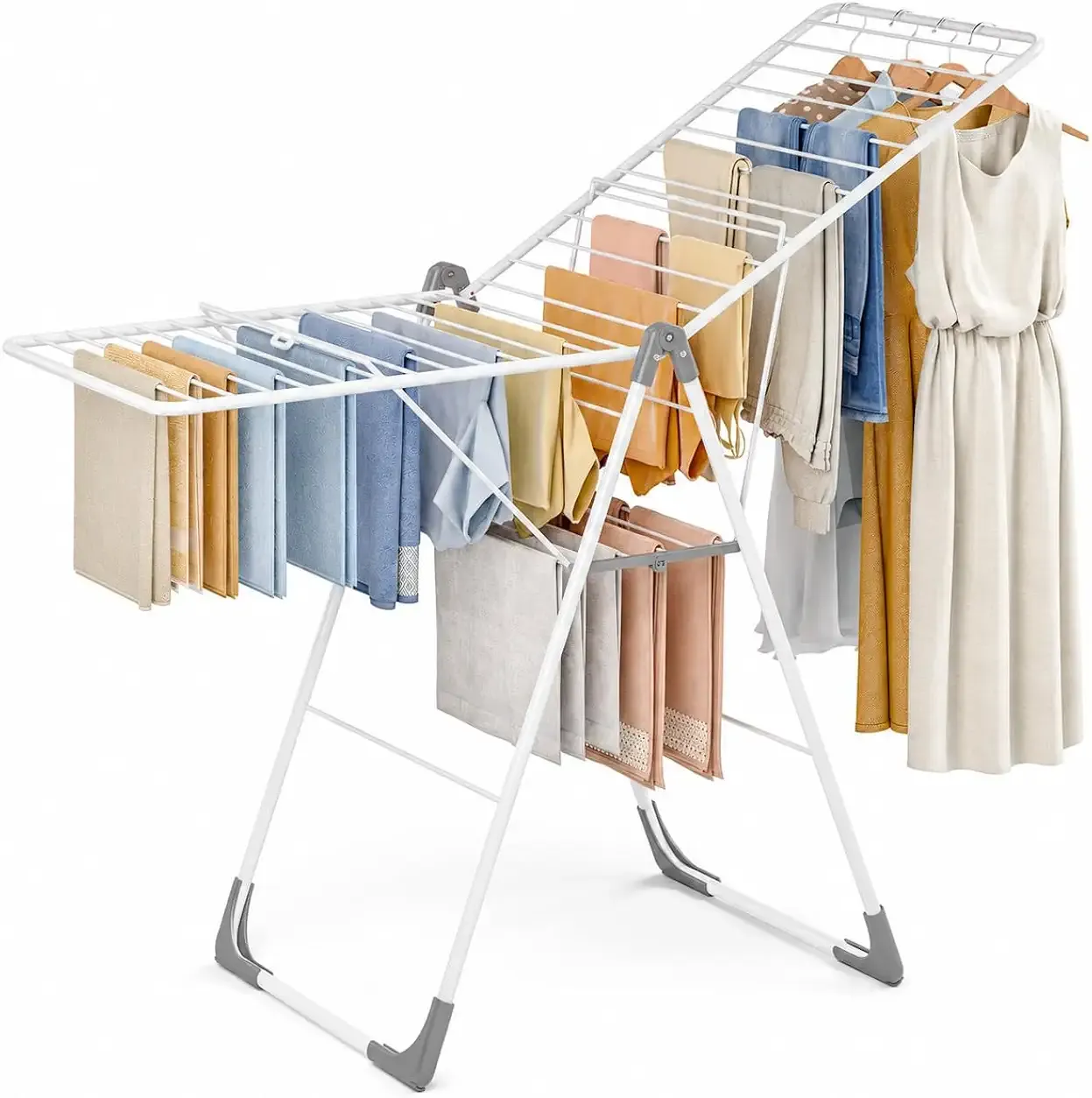 Clothes Drying Rack, Large Capacity Drying Rack Clothing | Foldable Space-Saving Laundry Rack with Height-Adjustable, Indoors & Outdoors Use, 20.47"D x 70"W x 42.52"H Pearl White
