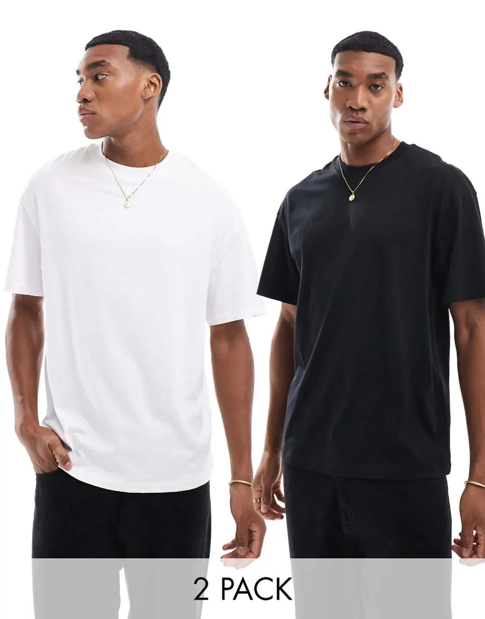 Jack & Jones 2 pack oversized t-shirt in white & black