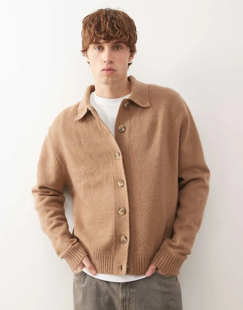 COLLUSION Knitted button down jumper in brown