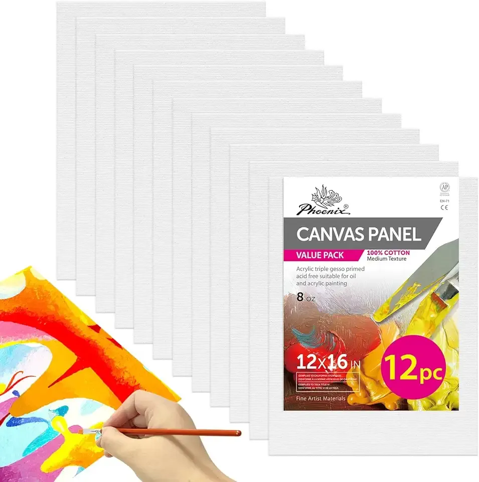 PHOENIX Painting Canvas Panels 12x16 Inch, 12 Value Pack - 8 Oz Triple Primed 100% Cotton Acid Free Canvas Boards for Painting, White Blank Flat Canvas Boards for Acrylic, Oil Paints