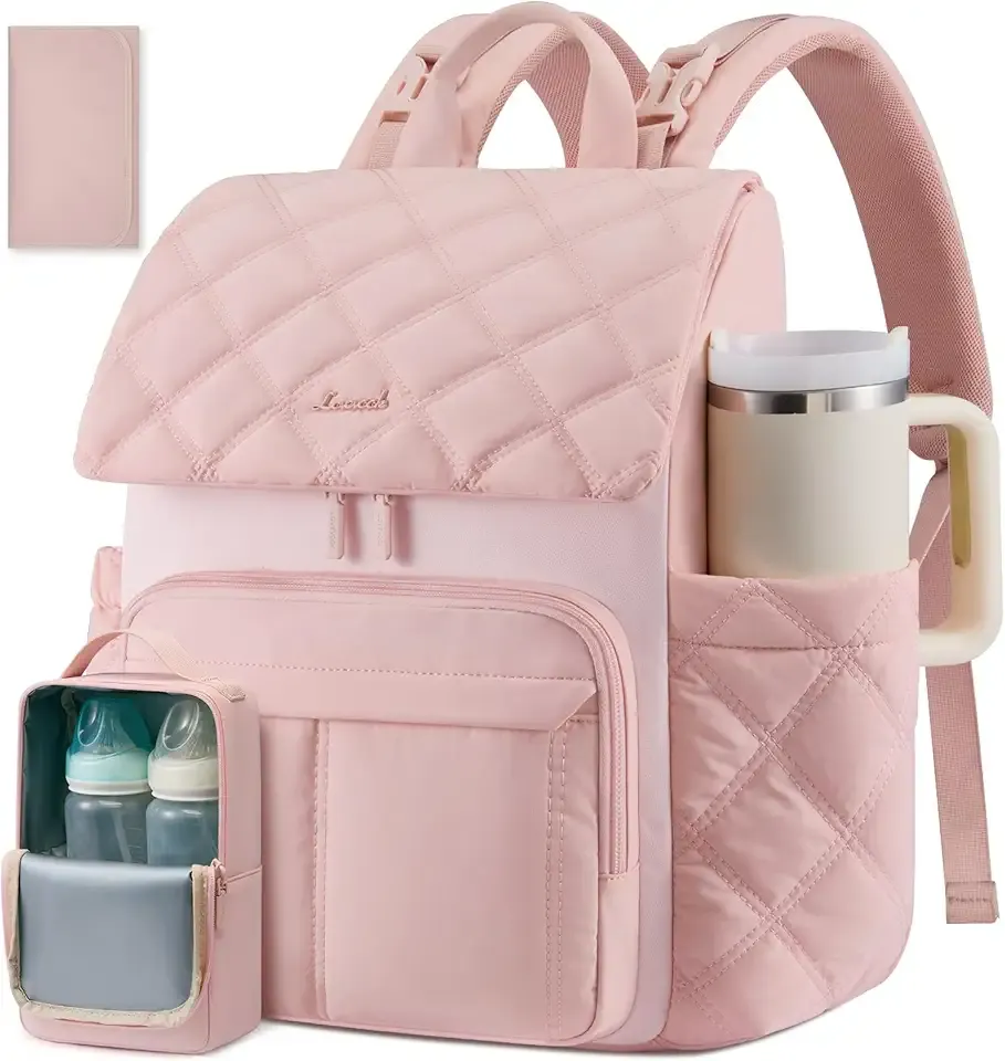 LOVEVOOK Diaper Bag Backpack With Pocket For Large Capacity Cup,Multi-Function Baby Travel Bag For Mom Dad,Waterproof Baby Bag for Boys Girls with Changing Pad,Insulated Bag,Stroller Straps,Pink