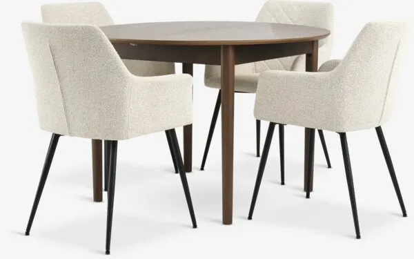 MARSTRAND + PURHUS MARSTRAND Ø110 tafel donker eik + 4 PURHUS stoelen gebr. wit