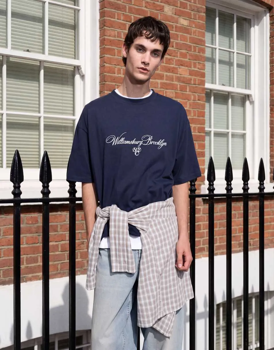 ASOS DESIGN oversized t-shirt with text embroidery in navy