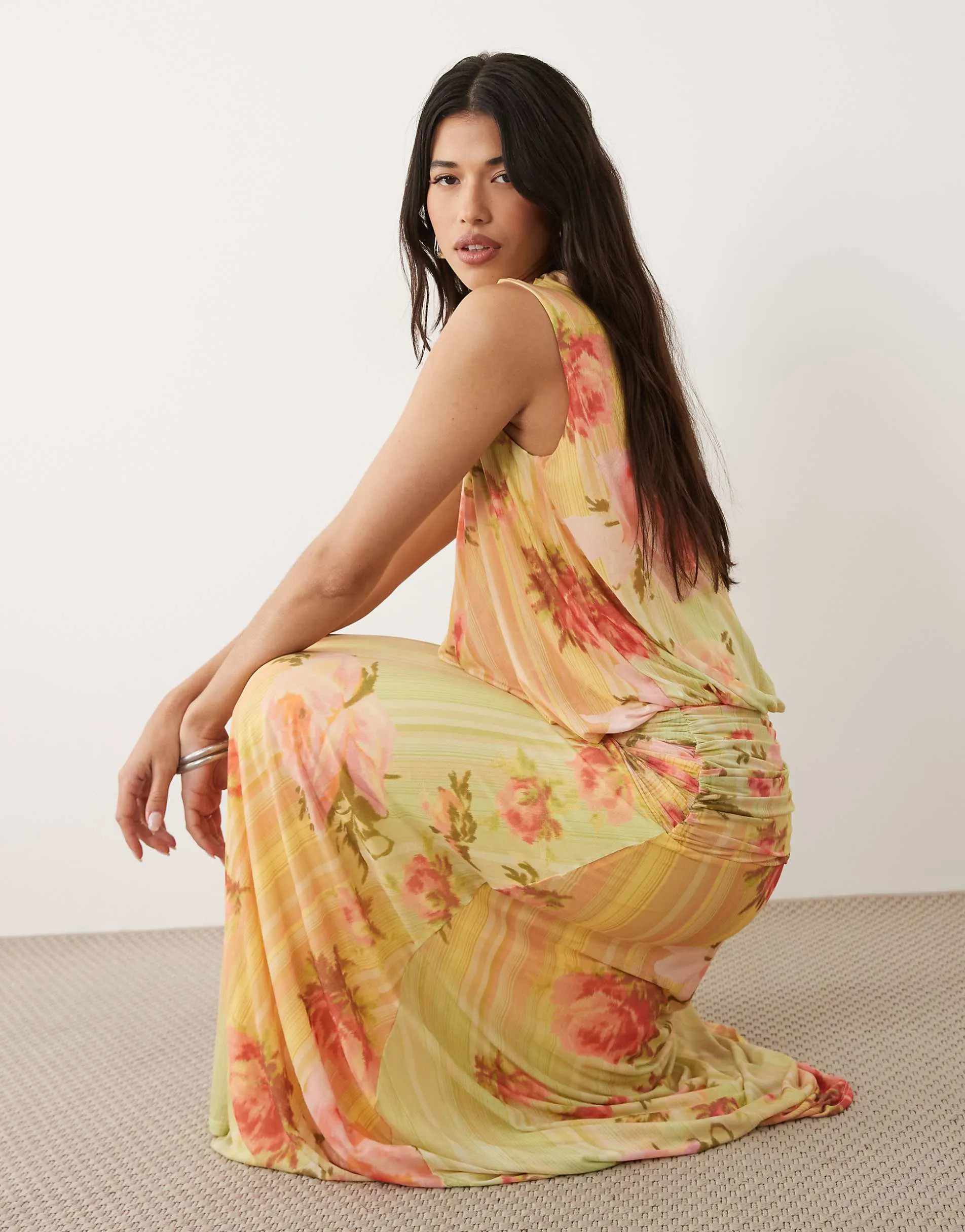 ASOS DESIGN mesh blouson maxi dress with ruched dropped waist skirt in lemon floral print